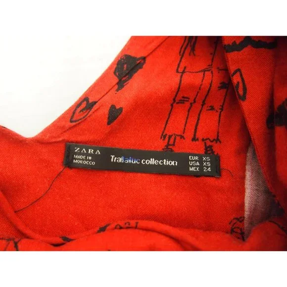 Zara Trafaluc Womens Top XS Red Anime Cartoon Drawings Print Ruffle Long Sleeve - Picture 6 of 6